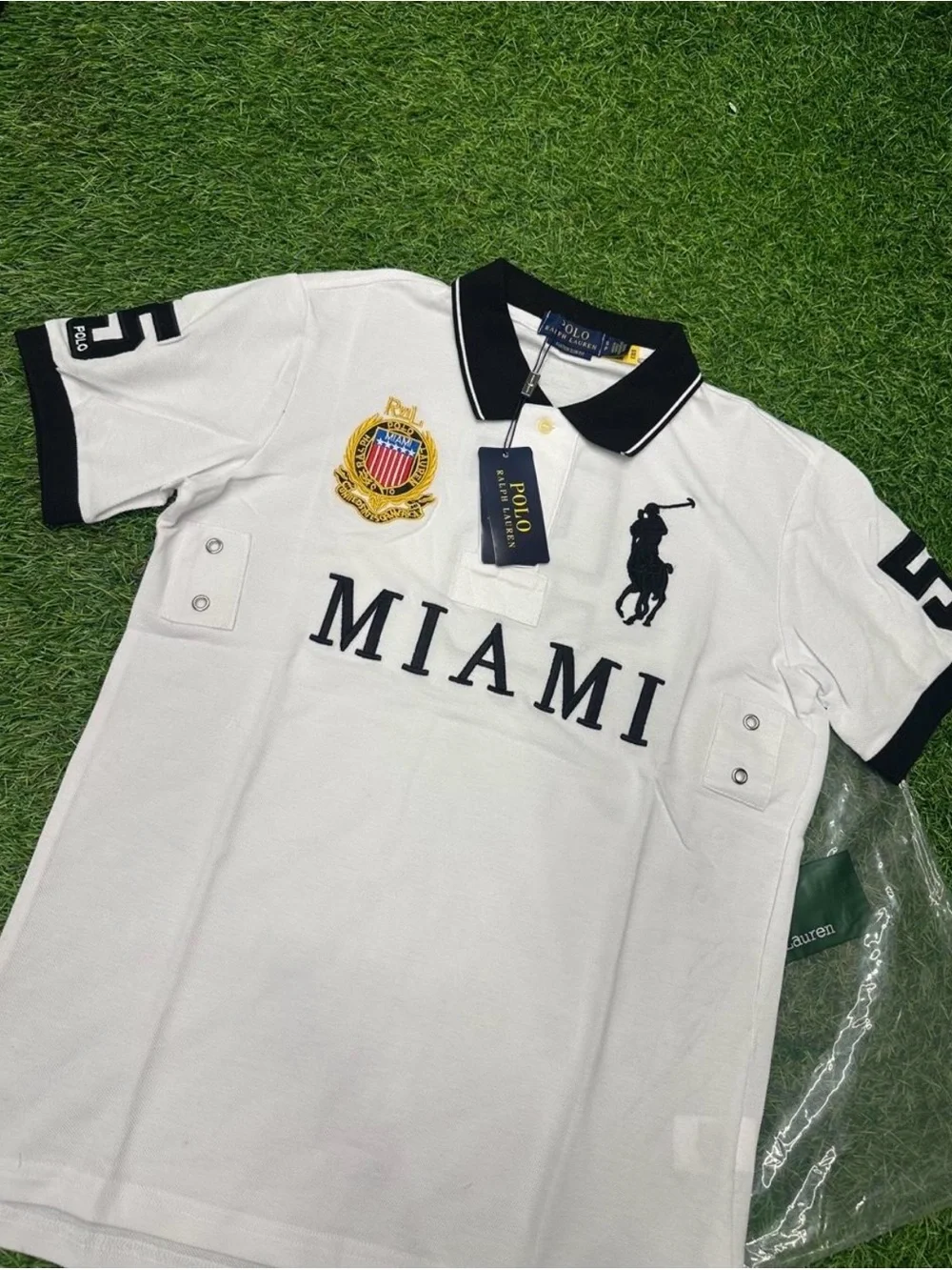 Ralph Lauren White Polo Shirt with Navy Trim and Miami Crest